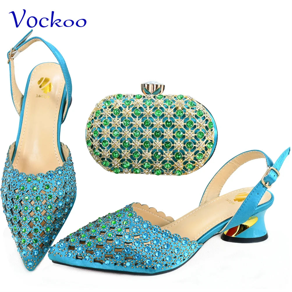 Maxy Fashion Purple Color Magazine Hollow Design Noble and Elegant Women's Low Heeled Shoes Paired with Evening Bags.