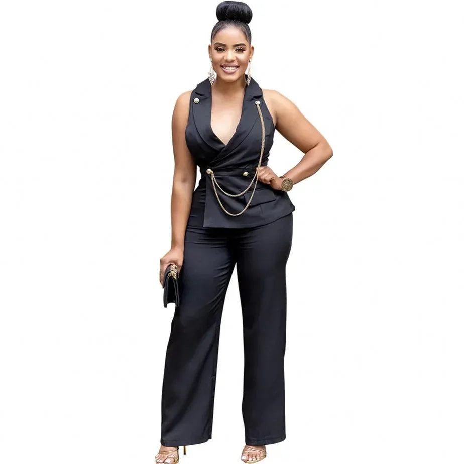 Amay Dashiki African Elegant Fashion Women Black Jumpsuits Sleeveless Wide Leg Pants Rompers Party Office Outfits Spring Summer