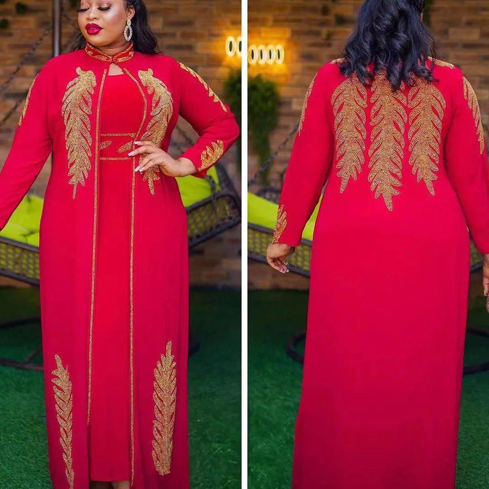 Maxy African Plus-size Dress for Women Set 2ps Women Front and Back Pressed Drill Standing Collar Robe Turkey Arab Dubai Abaya