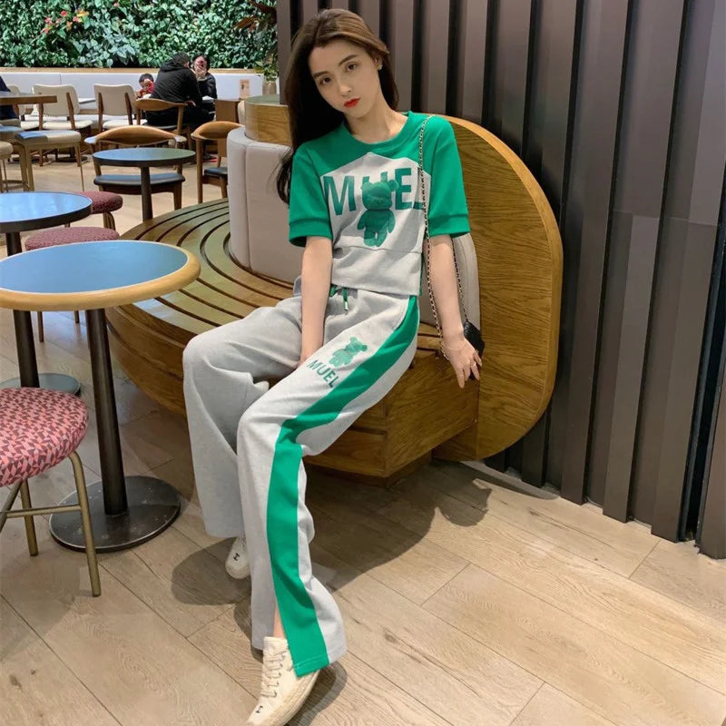 Amay Women's Sweat Suit Spring Summer New Fashion Korean Short Sleeved T-shirt Tops Pants 2 Two Piece Set Female Casual Clothes