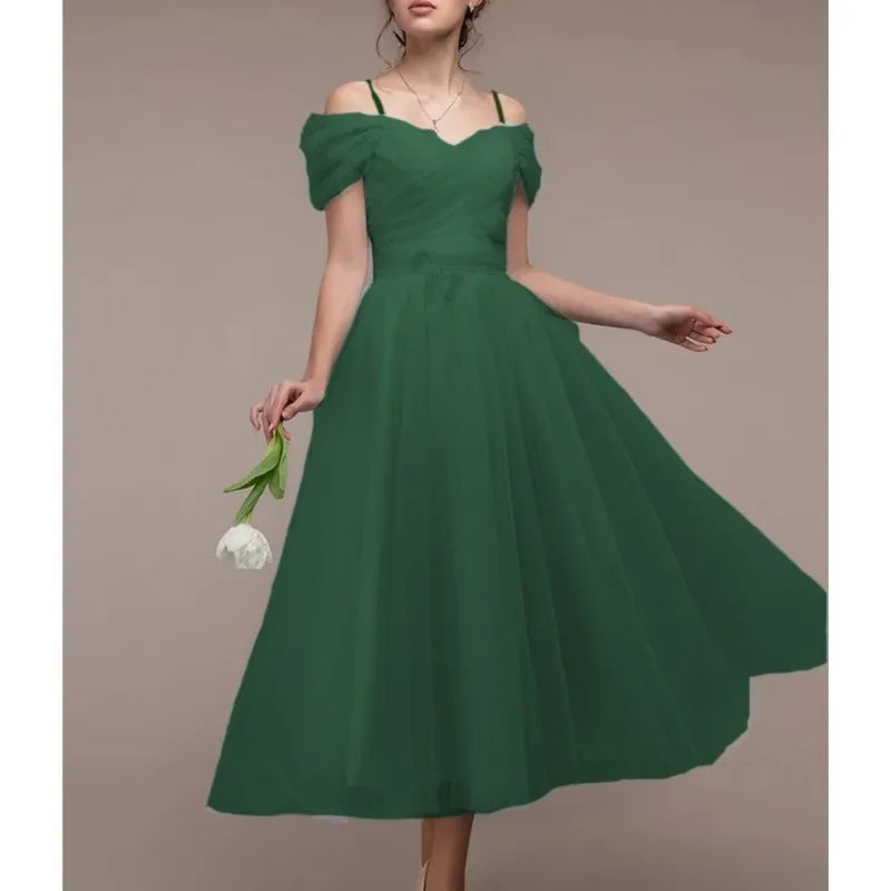 Maxy Women's Romantic Off Shoulder Ceremony Dresses Elegant Long Party Wedding Cocktail Bridesmaid Mesh Tulle Midi Wrap Gala Dress