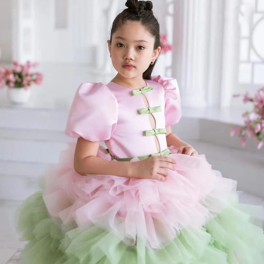 Maxy Princess Elegant Bubble Sleeve Flower Girl Dress For Wedding With Bows Layred Puffy Child First Eucharistic Birthday Party Dresses