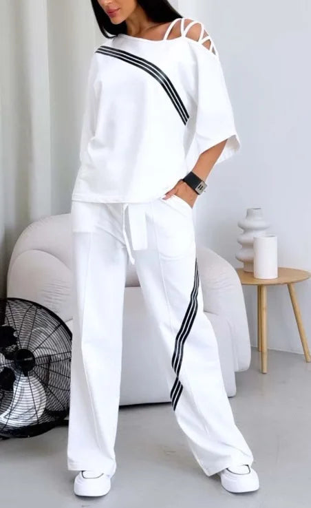 Maxy Spring Summer Women Fashion Two Pieces Sets New Off-the-shoulder Loose Short Sleeve Top And Pants Suits Outfits Clothing