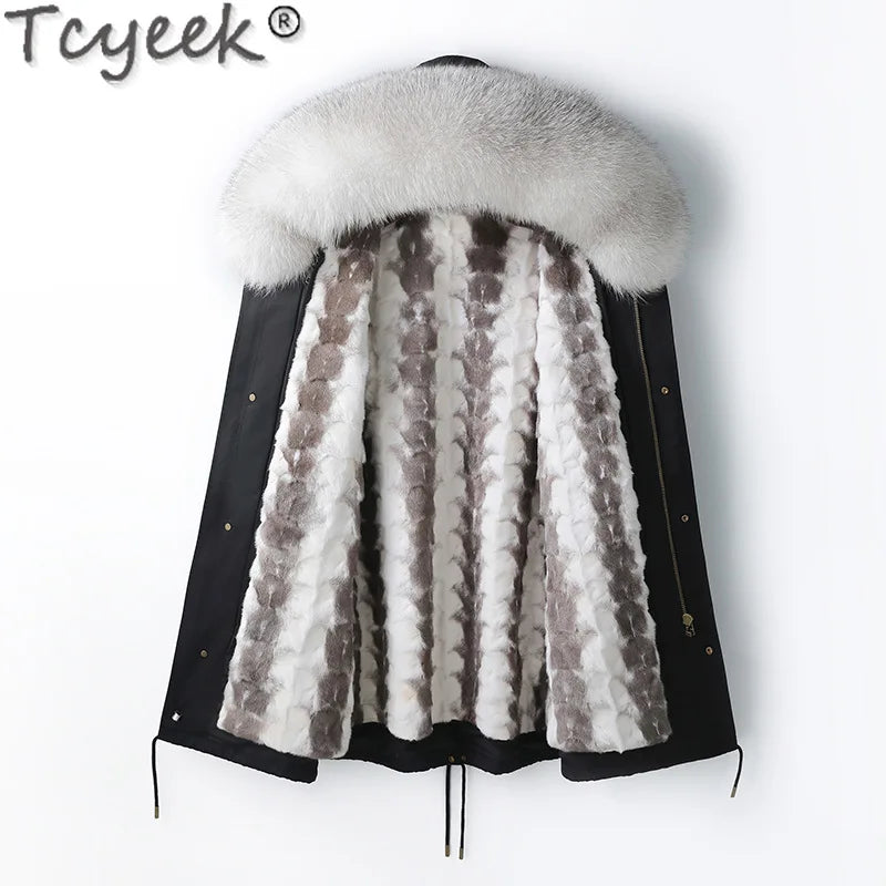 Tcyeek Natural Mink Fur Coat Man Hood Winter Jackets for Men Clothes Fashion Real Fur Parka Warm Fox Fur Collar Casaco Masculino