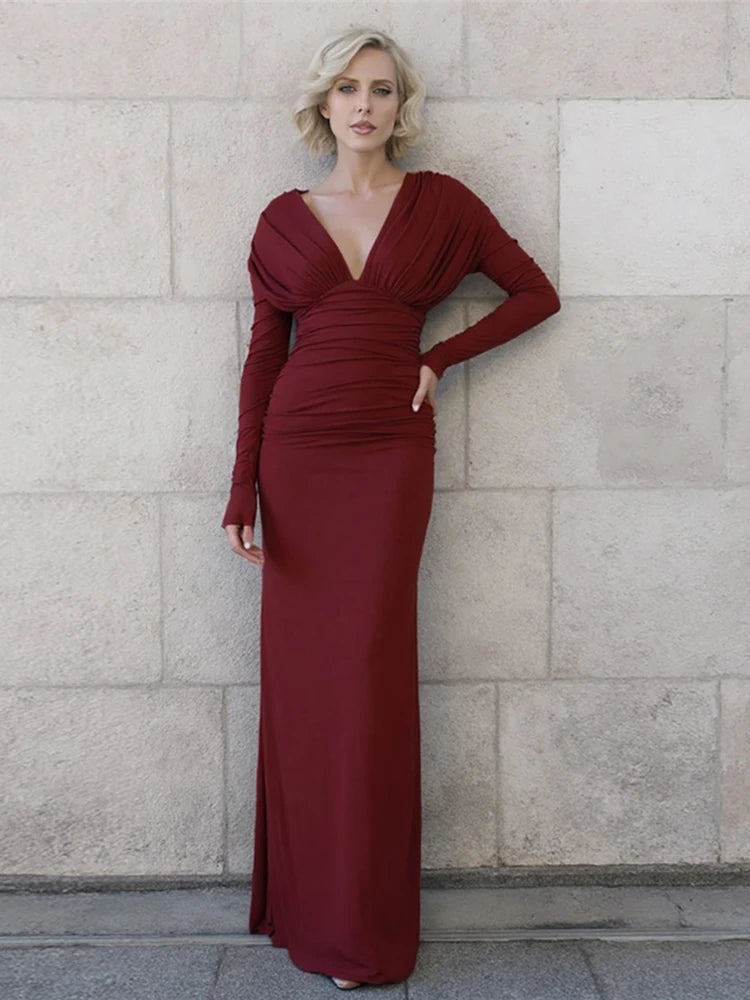 Maxy Weird Puss Classic Dress Women Fall Trend Long Sleeve V-Neck Solid Sexy Elegant Evening Party Skinny Stretch Maxi Bodycon
