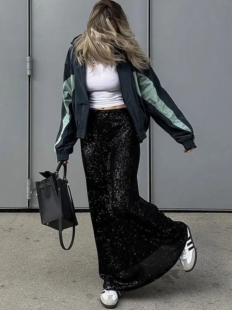 Maxy Autumn Sequin Dress Suit Sexy Club Party Women Crop Top+Long Skirt Elegant Two Piece Matching Set