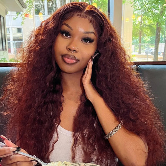 Amay Reddish Brown Deep Wave 13x4 13x6 Lace Front Human Hair Wigs Remy Brazilian Curly Wigs For Women Colored Wigs Glueless 180%