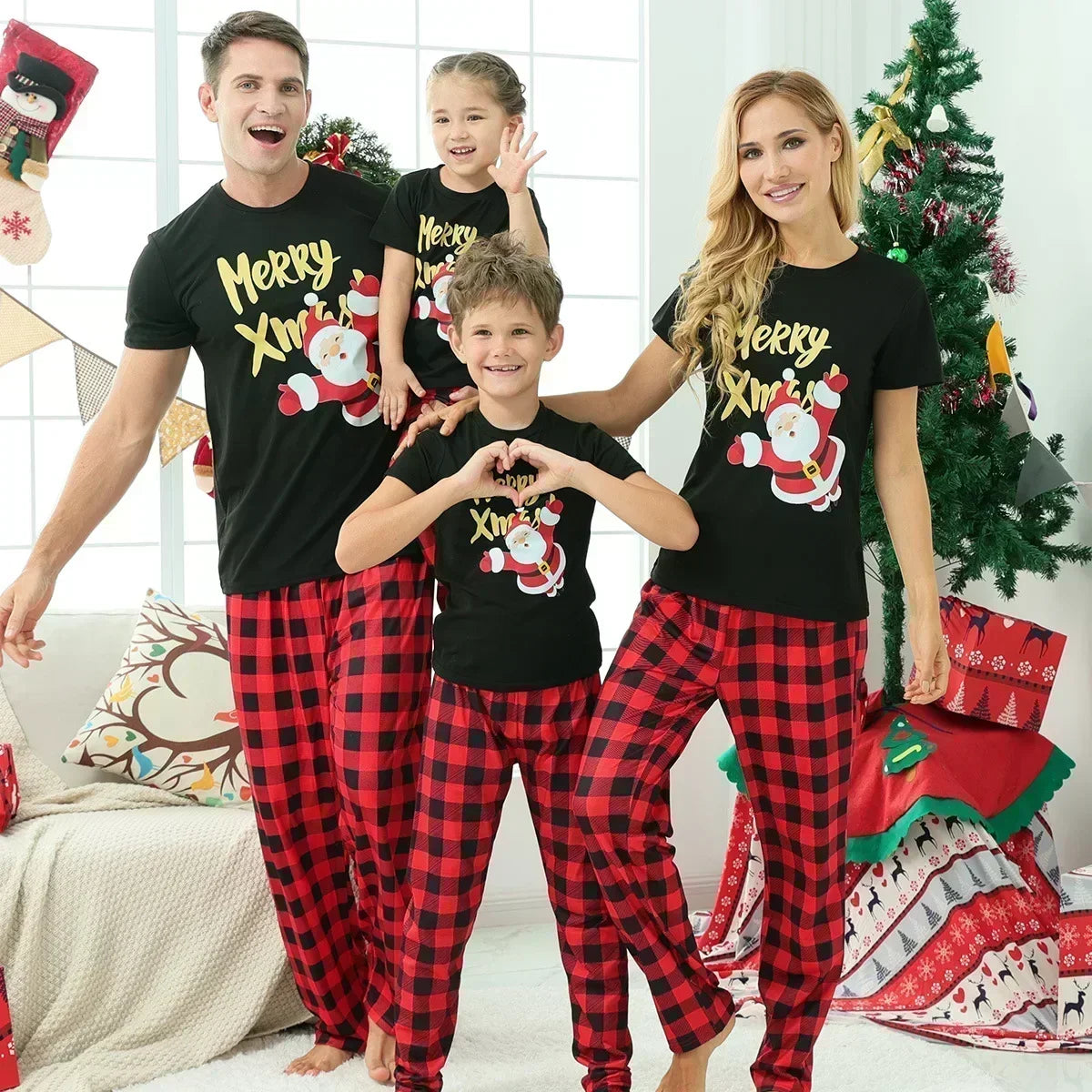 Merry Xmas Print Plaid Family Matching Pajamas Short Sleeve Tops+Long Pants 2 Pieces Suit Christmas Clothing Set Baby&amp