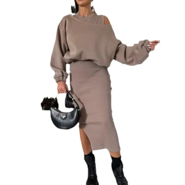 Maxy New Dress With Sweatshirt Two Piece Sets Women Fashion Solid Lantern Sleeve Pullover Top Outfits Autumn Winter Tank Dresses Suit