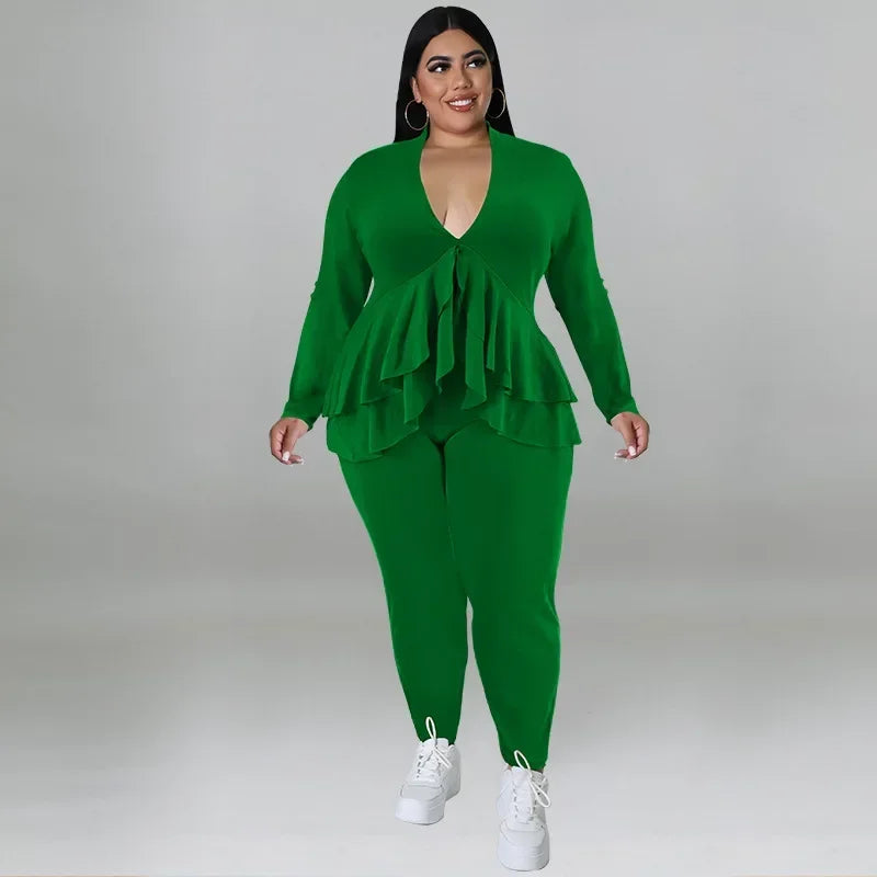 Amay Plus Size Women Set Fashion Ladies Ruffles Hem V-neck T-shirt and Legging Pants Suit Spring Female Two 2 Piece Set Outfit