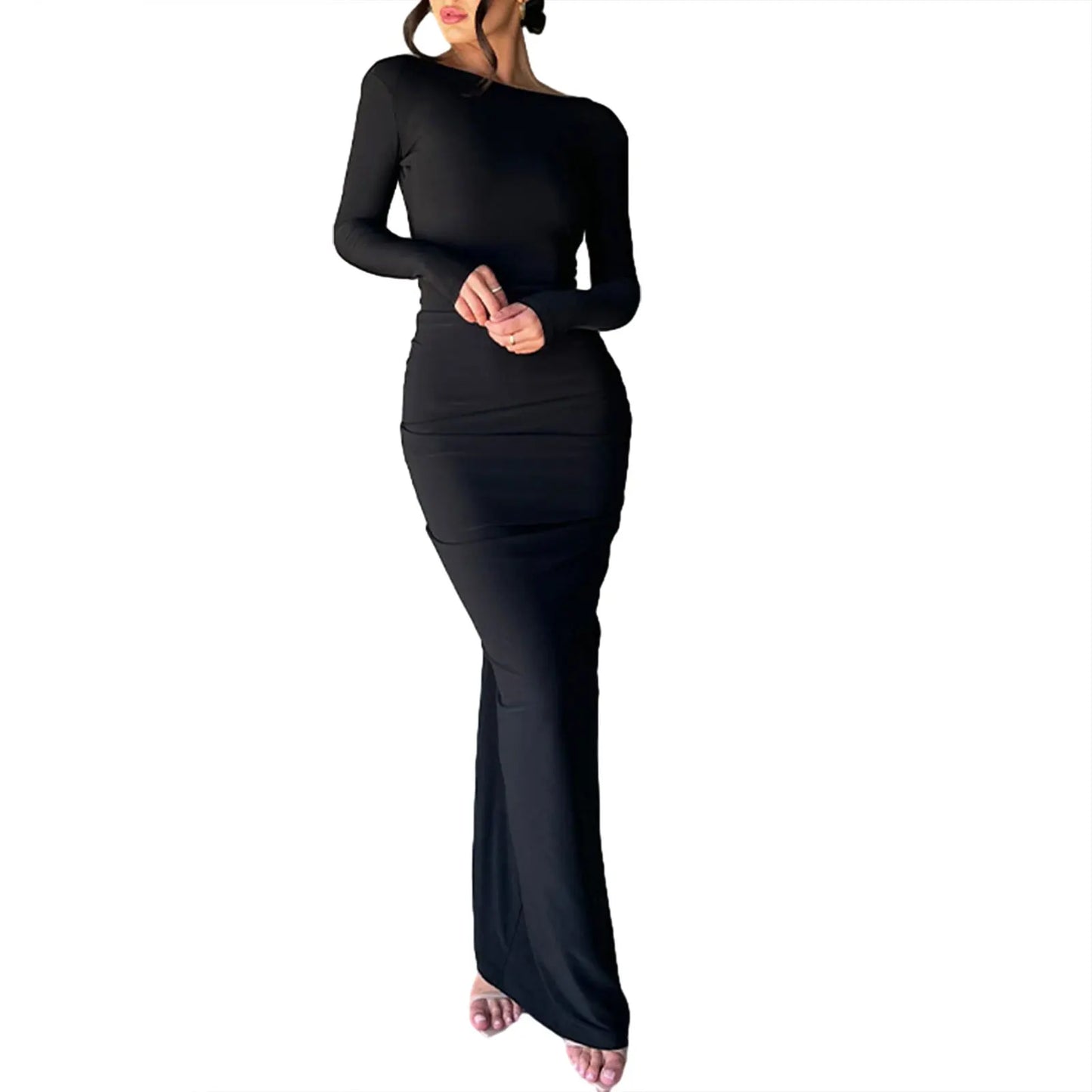 Maxy Women Long Bodycon Dress Solid Color Deep V-Neck Long Sleeve Dress Spring Fall Evening Party Dress