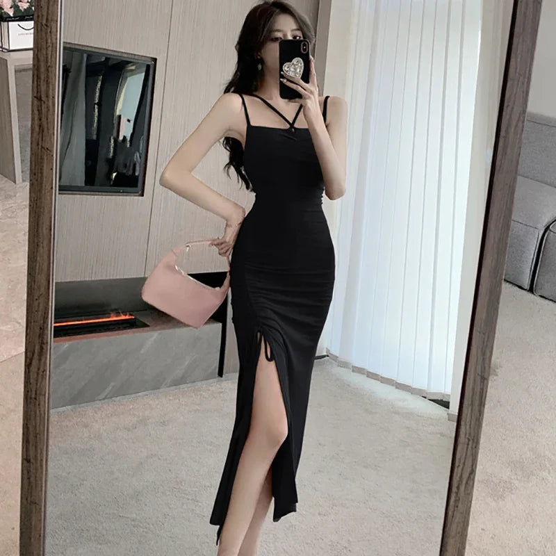 Maxy Women Fashion Chic Sling Sexy Dress Summer Korean Luxury Eveing Dress New Rose Red Elegant Bodycon Bandage Slit Long Dress