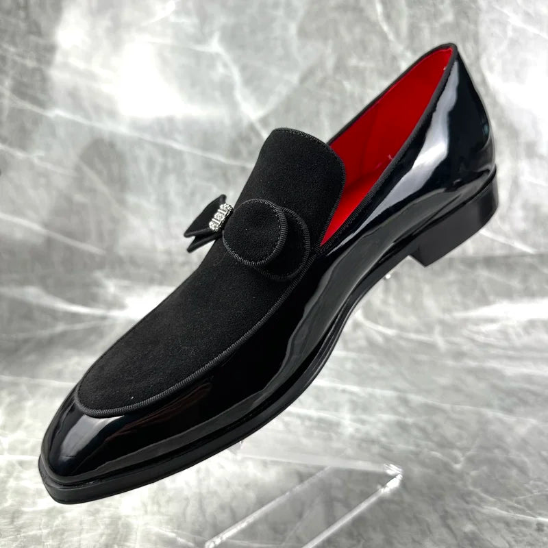 Visa High Quality Bowtie Dress Loafers Black Patent Leather Shoes For Man Fashion Rhinestone Shoes Men's Party And Wedding Shoes