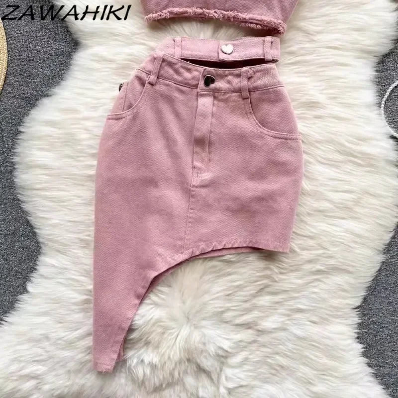 Maxy Sweet Two-Piece Set Women Sexy Patchwork Camisole Top Irregular Slim Waist Women's Skirts Office Lady Fashion Elegant Ropa