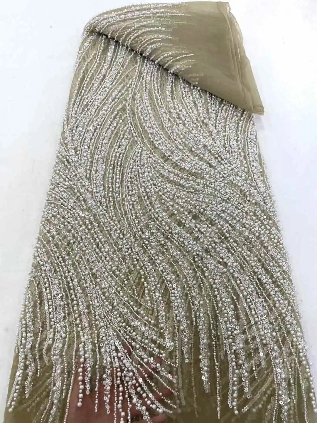 Maxy Beads Lace Fabric High Quality Mesh Sequins Lace Embroidered French Groom Fabric For Sewing Evening Dresses Women