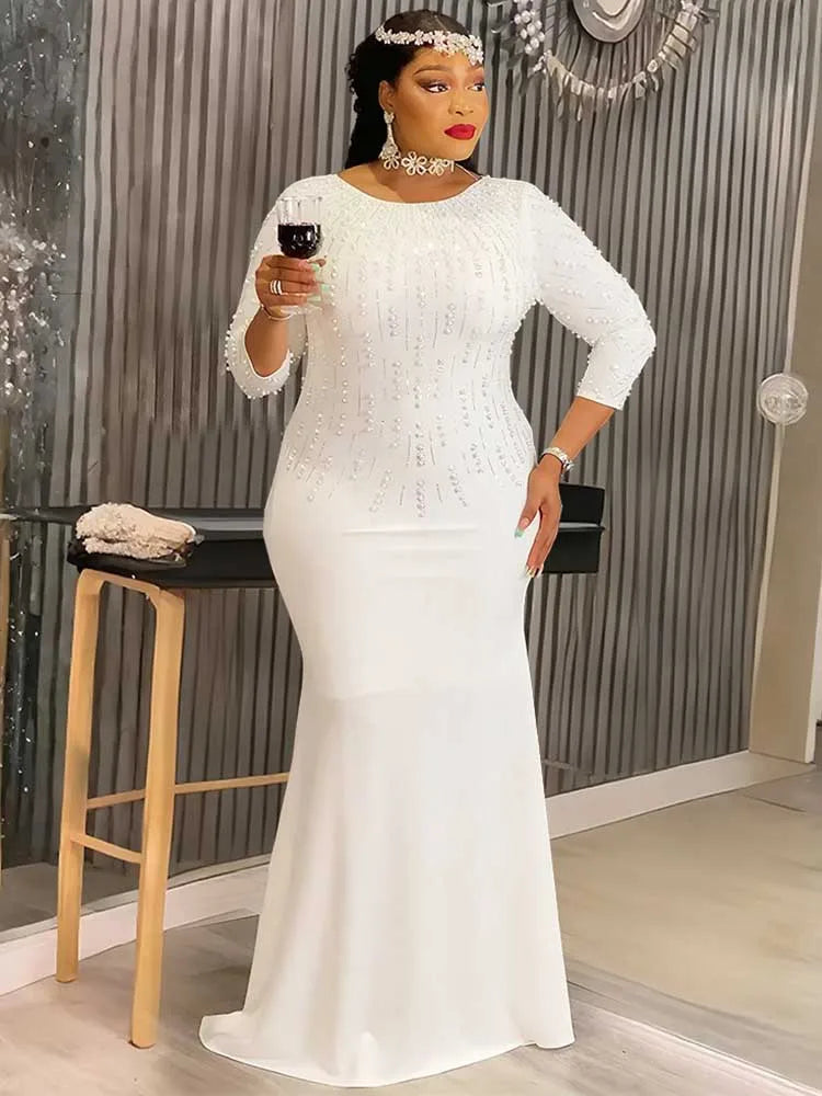 Maxy Plus Size Dresses for Woman Elegant Party Solid Color Diamond Long Evening Dresses Maxy Long Sleeve Dress