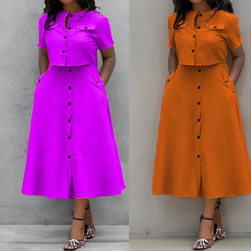 Babs Skirts Shirt Women's Two-piece Set Elegant O Neck Short-sleeved Button Top High Waist Skirt 2-piece Suit Woman Spring Summer