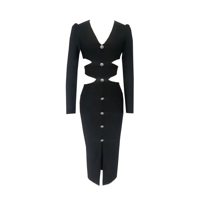 Maxy Women's Midi Bandage Dress V Neck Split Cut Out Elegant Bodycon Sexy Fashion Full Sleeve Dresses Club Evening Party Vestidos