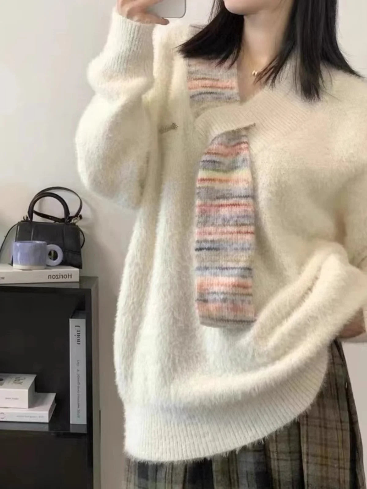 Maxy Style Pullover Sweater Casual Scarf Patchwork Knitted Sweaters Women Autumn Winter Imitating Mink V-neck Pull Femme