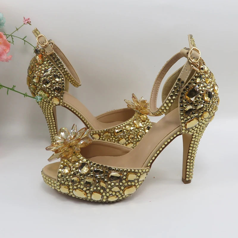 Maxy Champagne Gold Wedding shoes and purse for Women Bridal Fashion High Pumps Open Toe Party Shoe and bag Ankle Strap