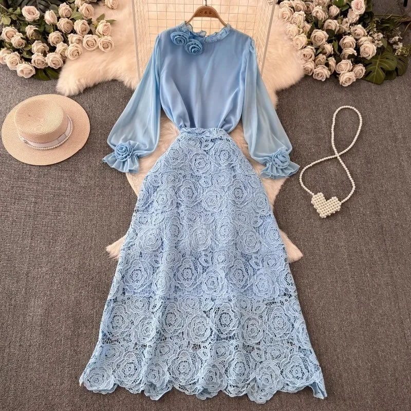 Women 2 Piece Sets Elegant Vintage O-neck 3D Flower Chiffon Shirts Hollow Out Lace Bodycon Skirts Suit Summer Two Piece Set