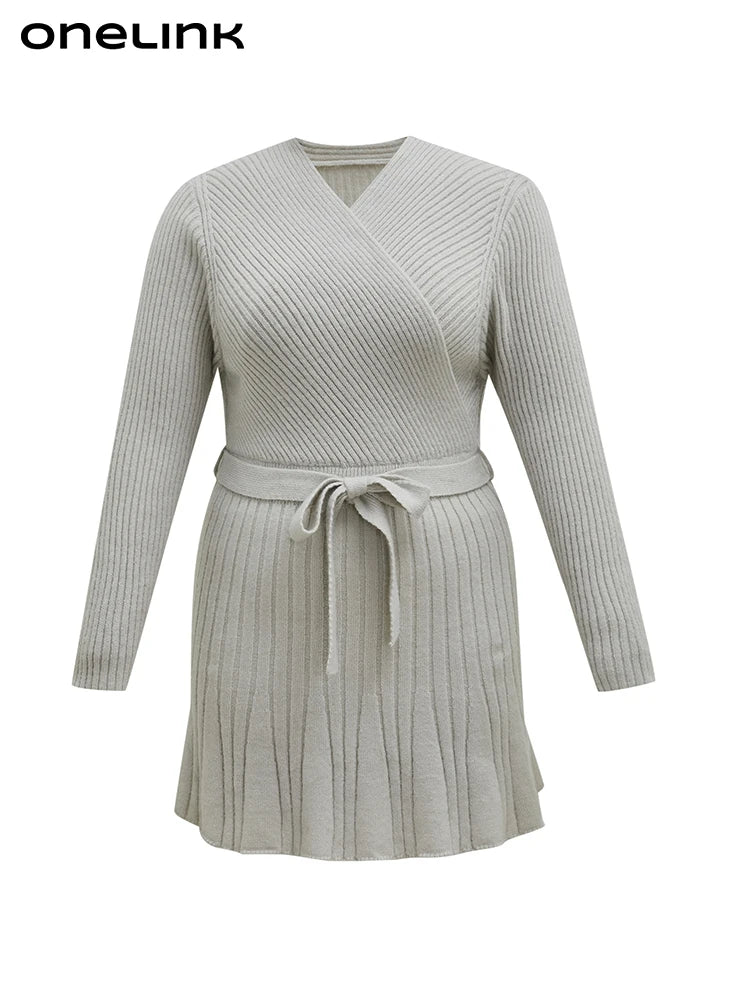 Maxy V Neck Solid Grey Cross Wrap Over Top Belt Tie Waist Plus Size Women Woolen Pullover Autumn Sweater Mini Dress Bodycon