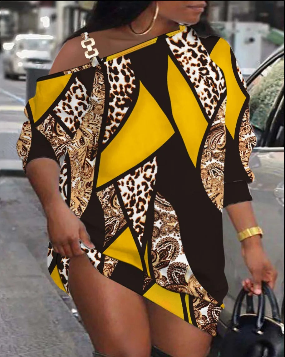 Maxy Autumn Women's Printed Mini Dress, Loose Fit Hollow Out Long Sleeve Party Club Dress