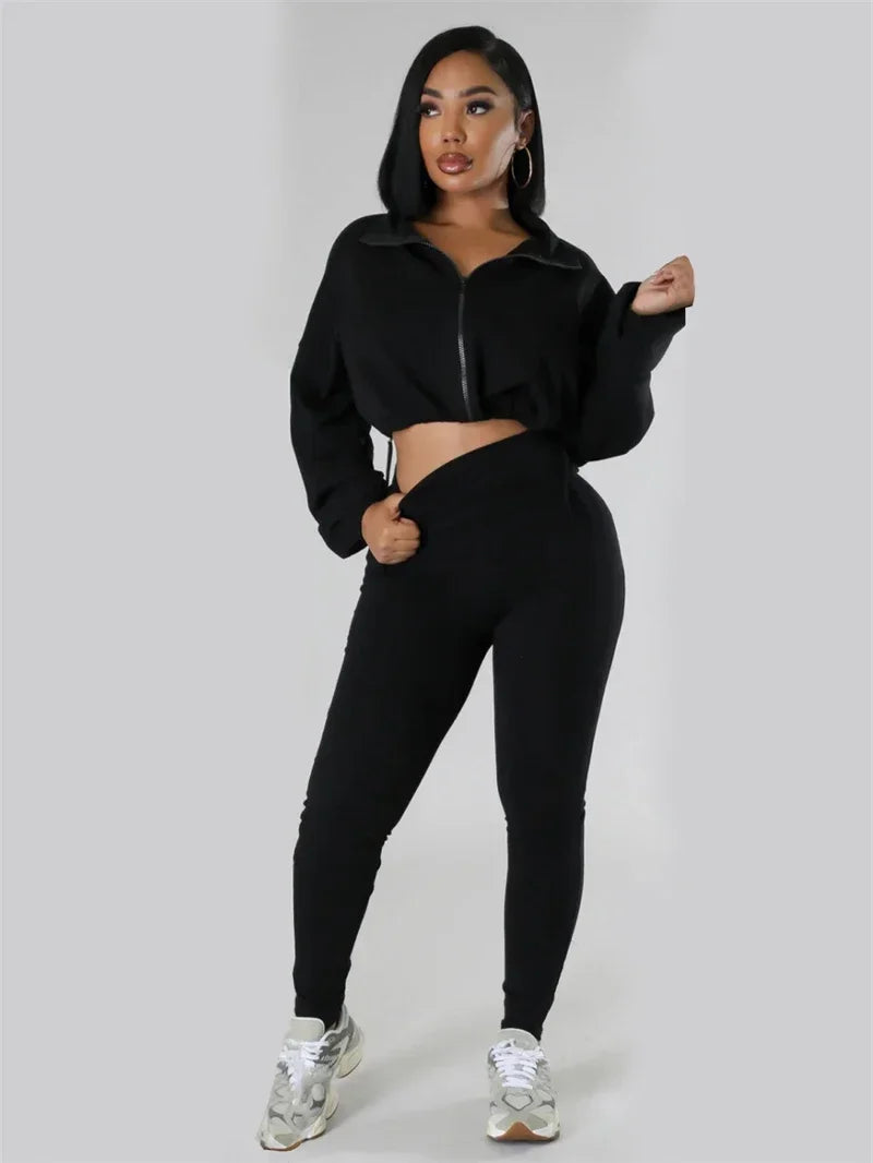 Maxy Solid Sporty Two Piece Set for Women Tracksuit Casual Fitness Workout Zipper Bomber Jacket Top and Sweatpants Matching Sets