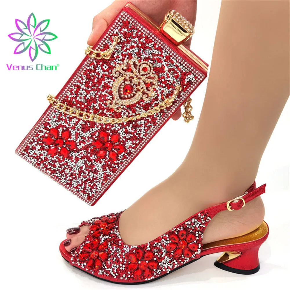 Maxy Design Shoes with Matching Bags for Wedding High Heels Women Wedding Shoes Decorated with Rhinestone Shoe and Purse Set