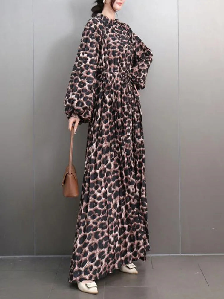 Babs Fashion Leopard Print Large Size Dress Women O Neck Loose Floor Length Long Style Casual Elegant Clothing New 5ZD1103