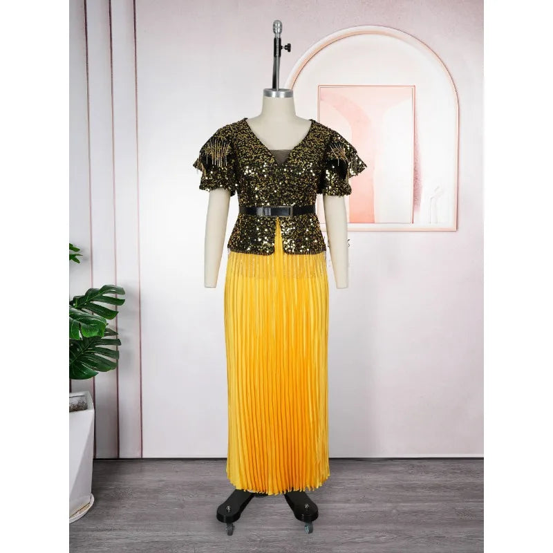 Maxy Plus Size African Women Dress Elegant Sequin Golden Dresses Evening Gown Wedding Reception Attire Dubai Party Clothes Oversize