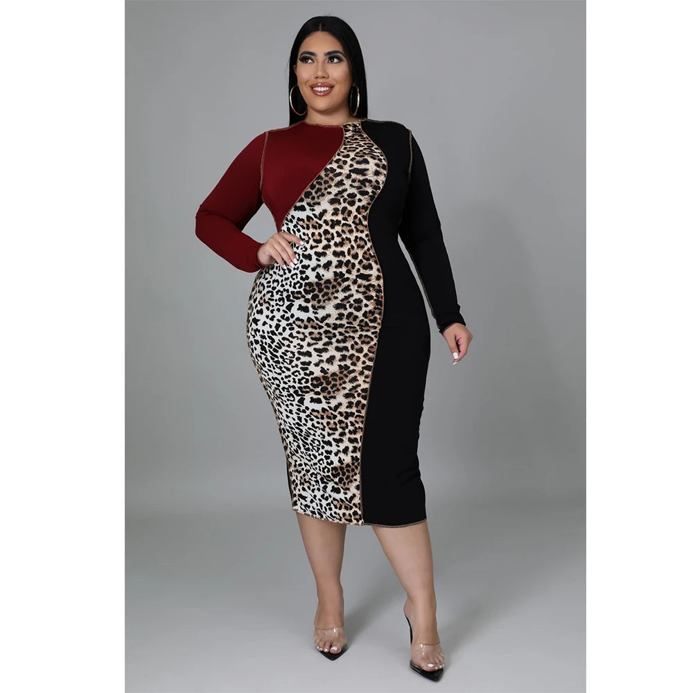 Maxy Street Wear Leopard Patchwork Fashion Elegant Midi Dress Round Neck Long Sleeve Casual Plus Size Women Clothing 4xl 5xl