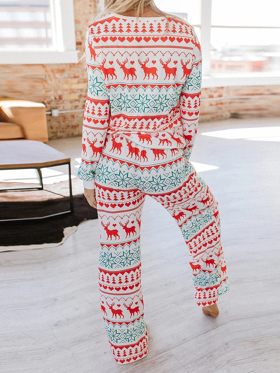 Women s Christmas Pajama Set Reindeer Print Round Neck Long Sleeve Tops Drawstring Long Pants