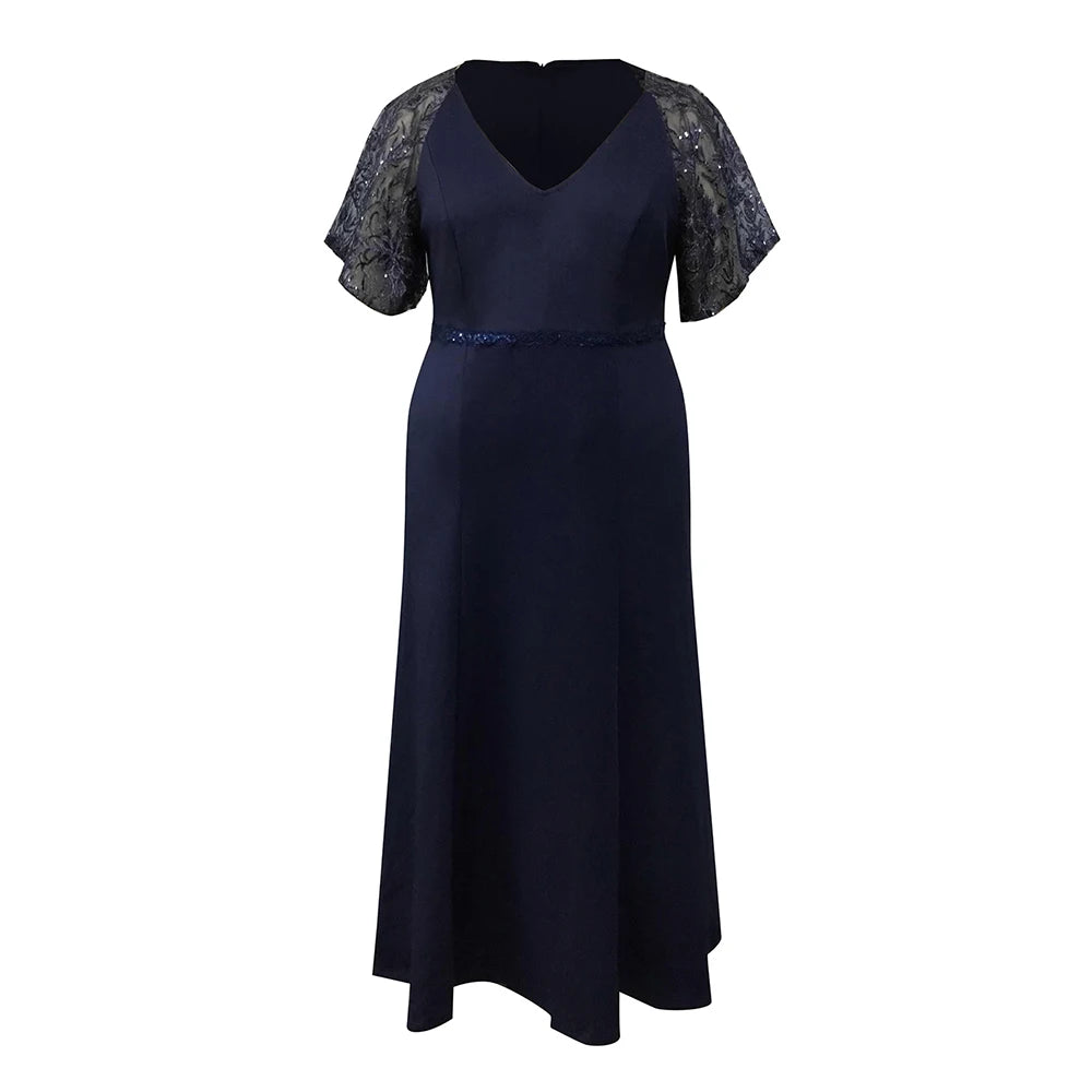 Amay Satin Spliced Lace Elegant Plus Size Women Dress Mesh Short Sleeve Summer Female Maxi Dress V-Neck Evening Long Dresses