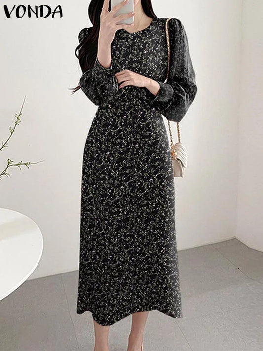 VONDA 2024 Summer Bohemian Dress Women Vintage Printed Midi Sundress Round Neck Long Sleeve Zipper Casual Party Robe Vestidos