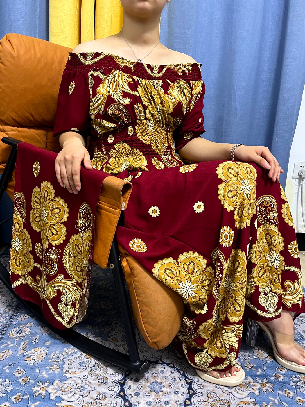 Maxy Muslim Abayas For Women Fashion Floral Elasticity Boat Neck Loose Fit Femme Robe African Party Evening Dresses With Turban