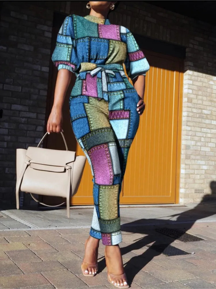 Maxy Fashion Plaid Print Two Pieces Sets Women's Autumn Lanntern Sleeve Top & High Waist Tied Slim Long Pants Casual Streetwear Set