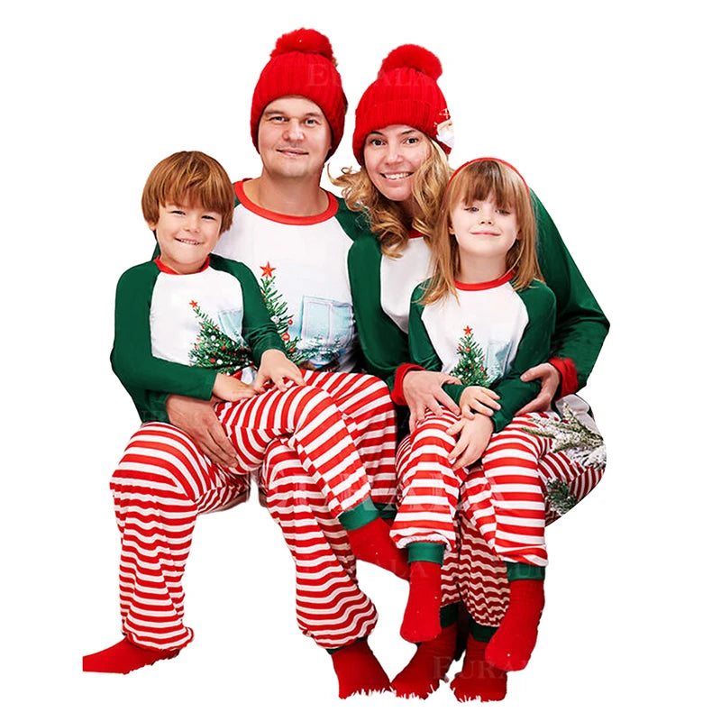 Family Pajamas Matching Outfits Set Christmas Tree Print Long Sleeve Tops and Elastic Striped Pants Loungewear Soft Sleepwear