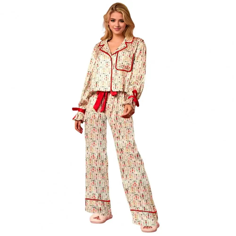 Women Pajama Set Women Lounge Set Festive Santa Print Christmas Pajamas Set with Satin Cardigan Top Wide Leg Pants for New