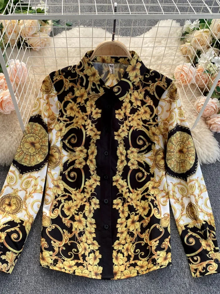 Maxy Spring Autumn Women's Blouse Tops New Bohemian Retro Turn-down collar Office Lady Trend Printing European American Shirt UK766
