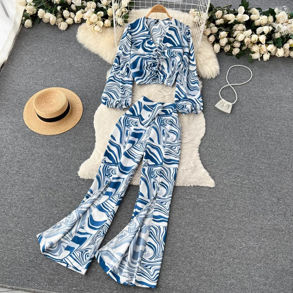 Maxy Summer Women Floral Printed Two Piece Set Sexy V Neck Lantern Sleeve Short Tops + Wide Leg Pants Suit Vacation Beach New