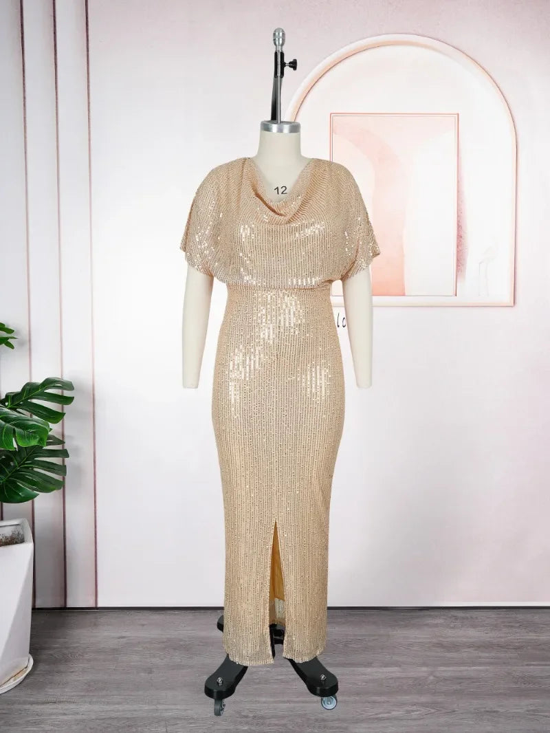 Maxy Plus Size L-3XL Fashion Evening Party Maxy Long Dresses African Glitter Large Size V Neck Women's Dress