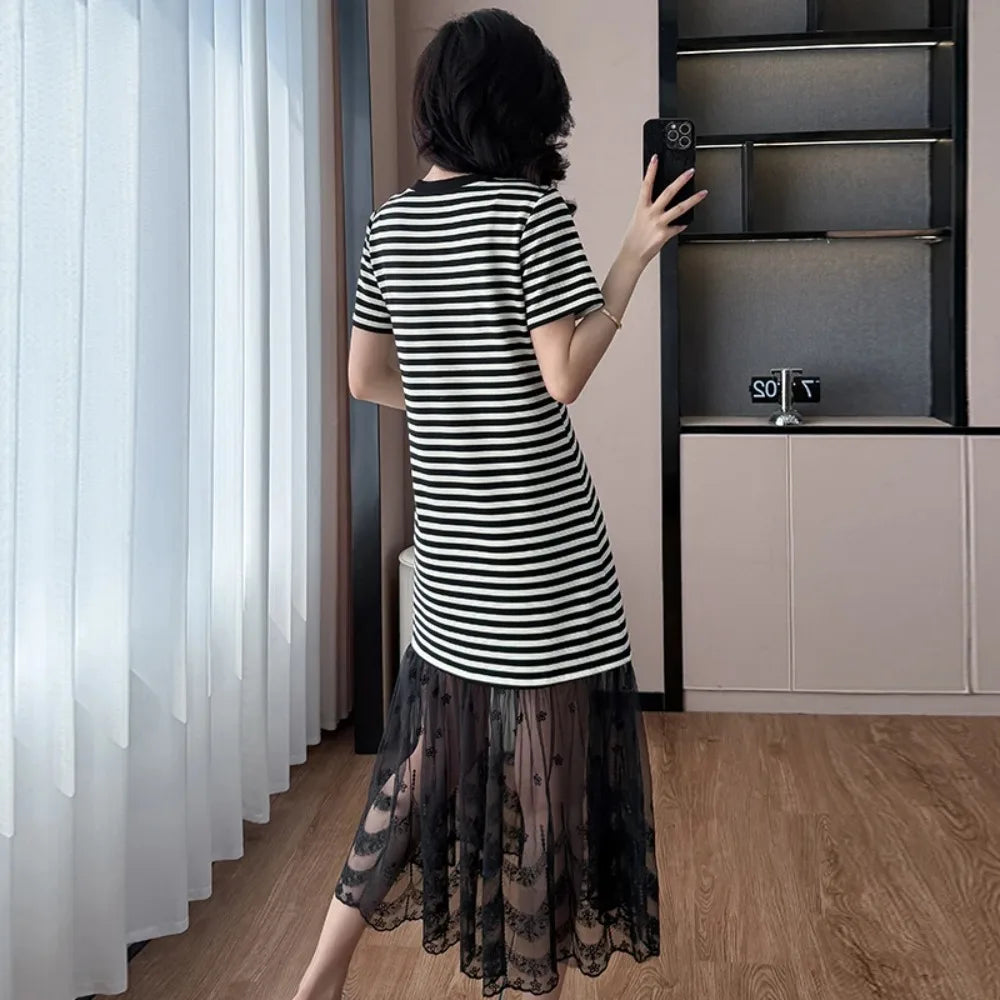 Maxy Elegant Vintage Elegant Spliced Striped Slim Dresses Evening High Street Plus Size Clothing women clothing