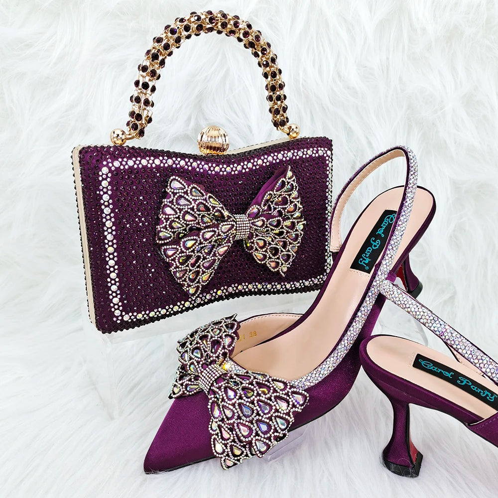 Maxy Doer show Italian green Shoes and Bag Sets for Evening Party With Stones Italian Leather Handbags Match Bags! HFG1-13