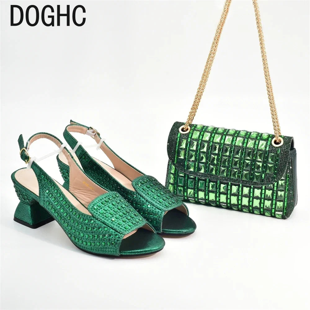 Macy African Style Ladies Shoes and Bags Set Latest Women Shoes and Bag Set Decorated with Rhinestone Heels Women Luxury