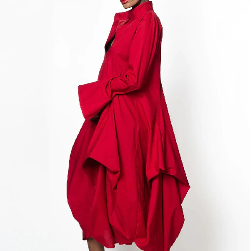Maxy Oenocyan Stylish Women's Elegant Party Dress Solid Red Long Sleeves Stand-Collar Loose Prom Midi Dresses For Women