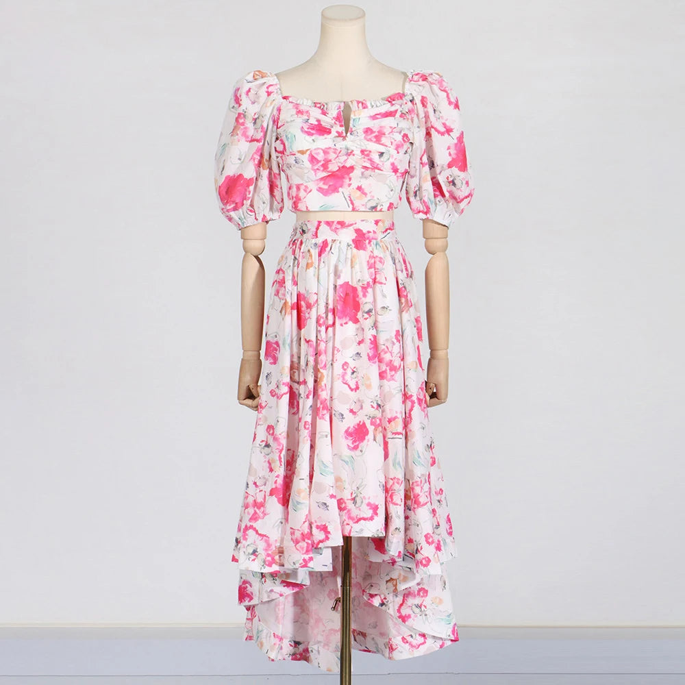 Maxy Elegant Print Two Piece Set for Women Square Collar Puff Sleeve Short Tops High Waist Long Skirts Evening Sets Female New