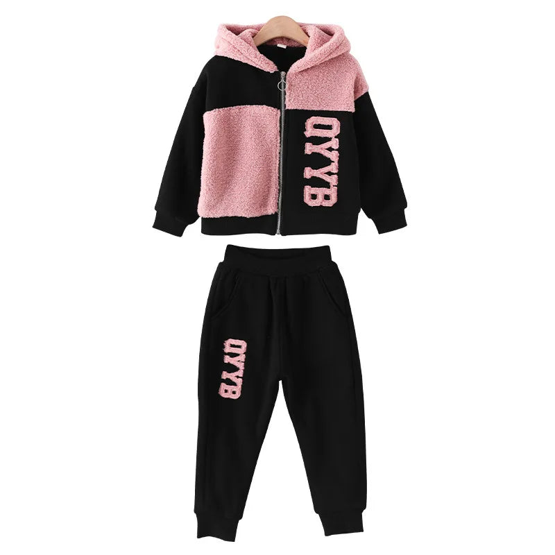 Maxy Autumn winter girls tracksuit Toddler Teenager Clothes letter velvet jacket hoodie + Pant Children Kids 5 8 9 10 11 12 year