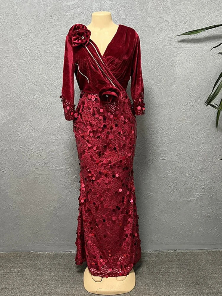 Women Maxy Velvet Christmas Party Dress Luxury Glitter Flower Long Sleeve Sheath Maxi Formal Evening Celebrate Events Gowns