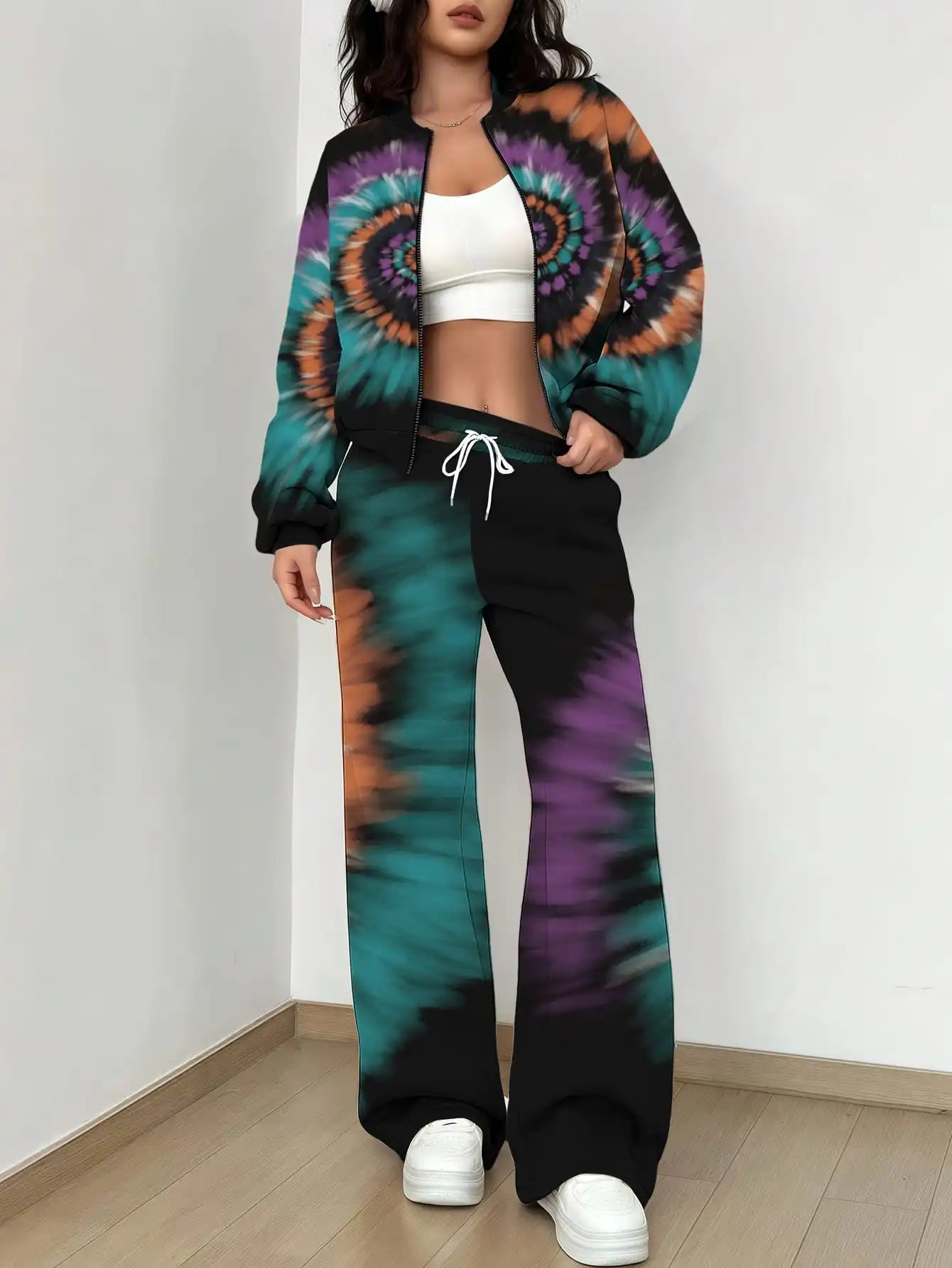 Maxy French Retro Floral Long Sleeved Zipper Jacket and Pants Set, Gentle and Stylish Two-piece Set